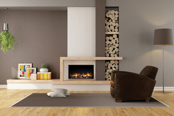 living room with fireplace and vintage armchair Brown lounge with minimalist fireplace and vintage armchair - 3D Rendering